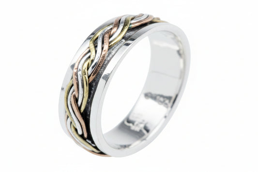 Sterling Silver Triple Color Spinner Ring TQ180900015, 6mm stylish design with multi-colored bands.