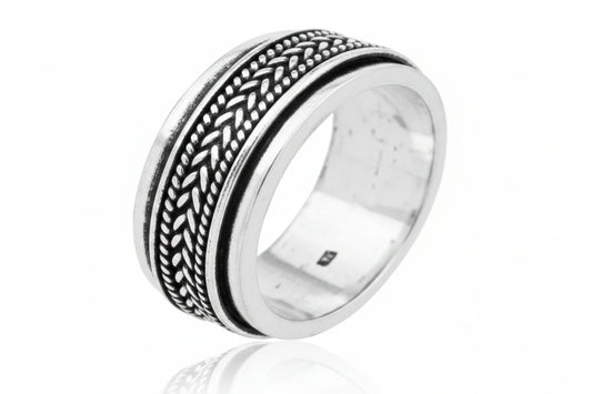 Sterling Silver Plain Pattern Spinner Ring TQ230600006, 10mm wide with intricate black pattern.
