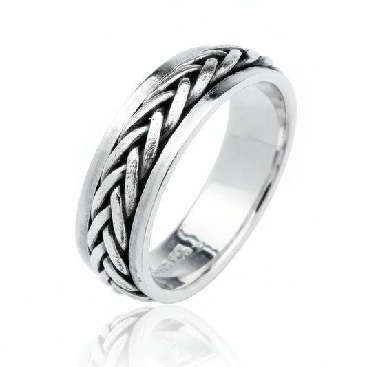 Sterling silver spinner ring 6mm with a braided design, perfect for stylish jewelry options.