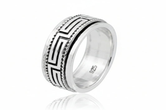 Sterling silver Greek key spinner ring TQ230900141 showing intricate design and polished finish.