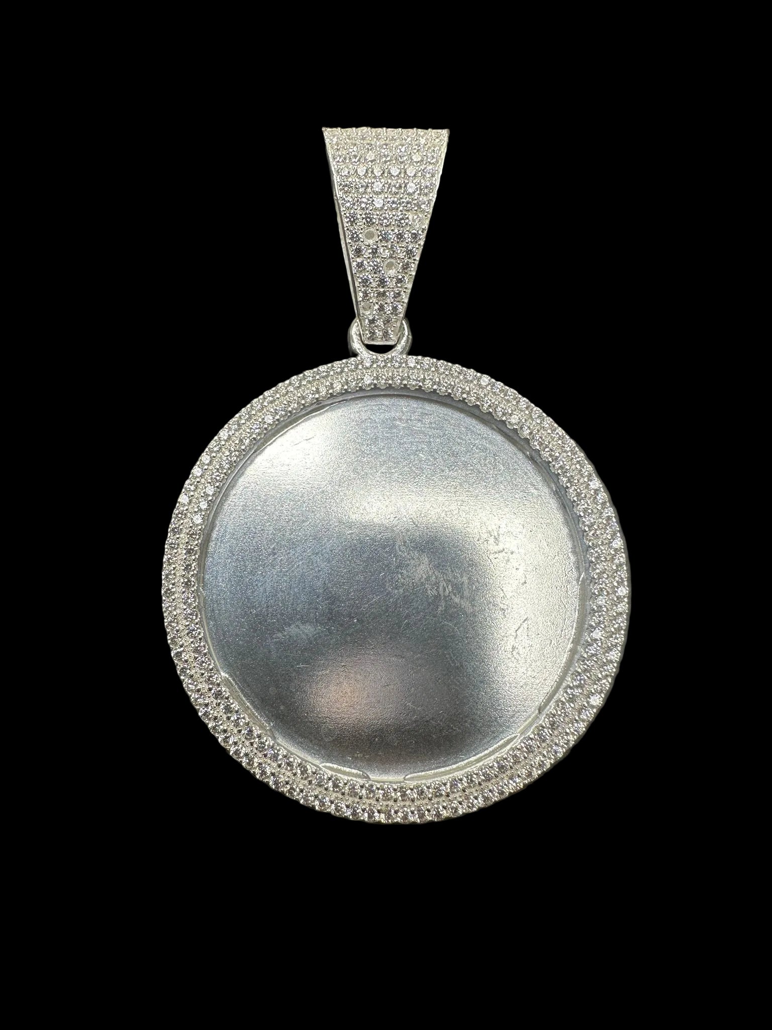 iced-out sterling silver memory pendant featuring sparkling cubic zirconia details