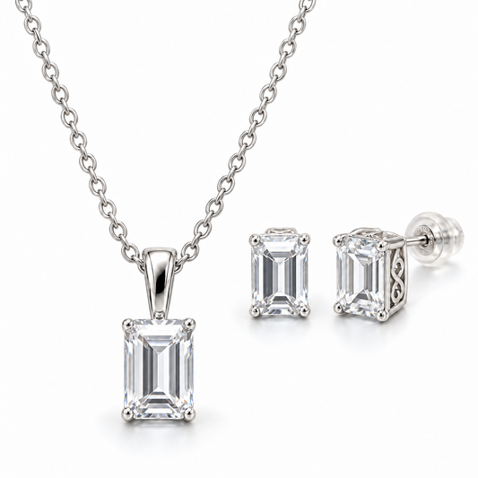 Sterling Silver Emerald Cut Necklace-Earring Set NECZ10180