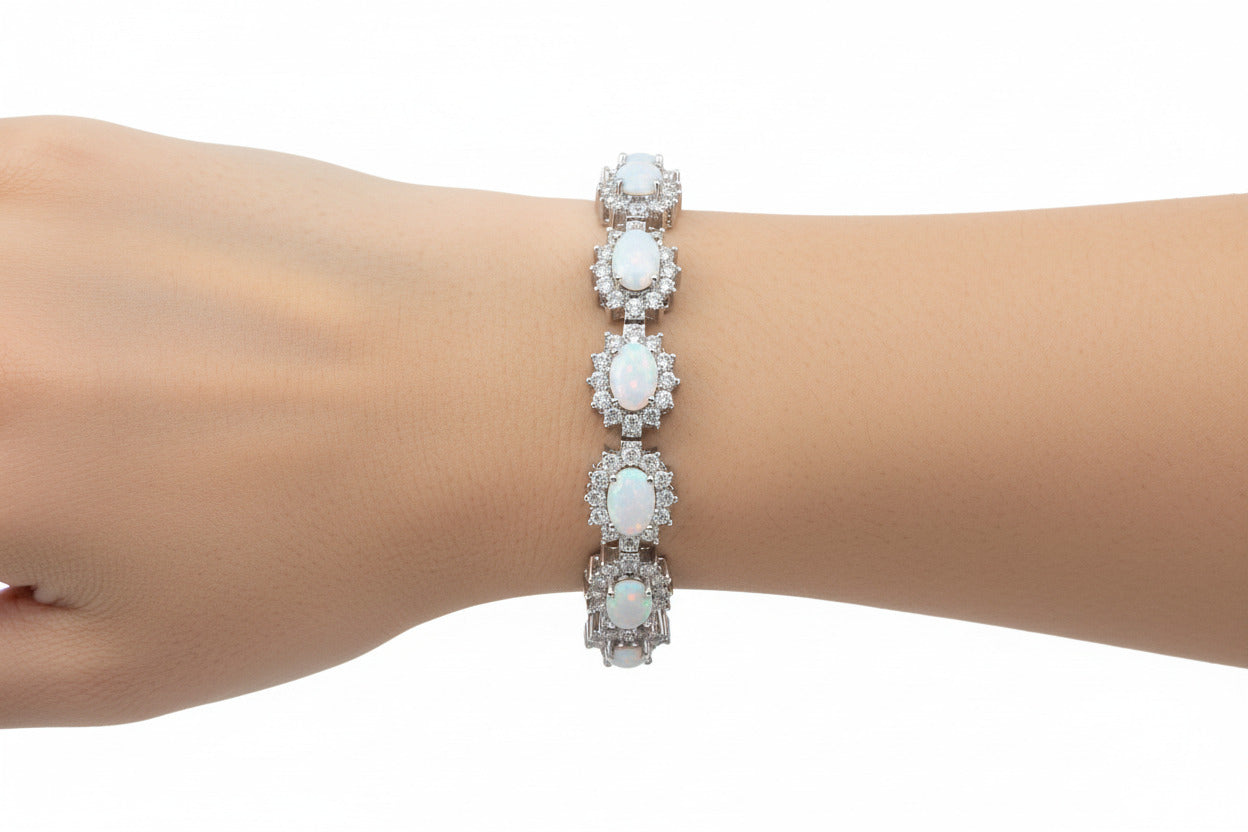 Silver oval shape white opal  Princess Diana style bracelet