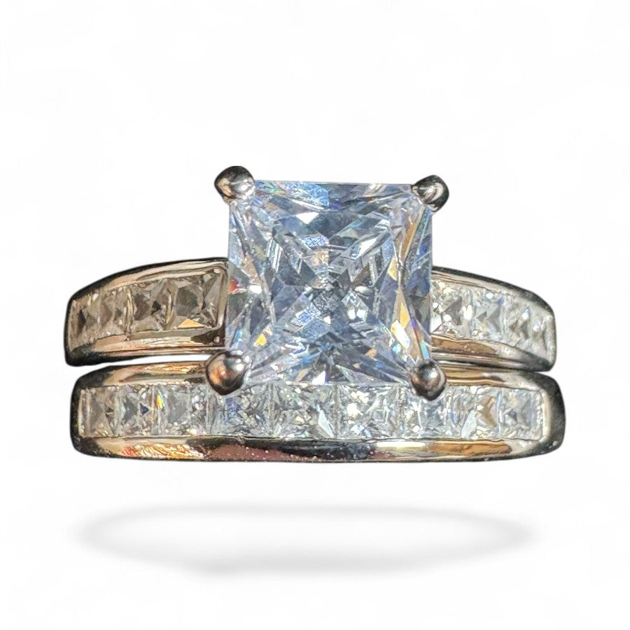 Sterling Silver Double Set Ring Square CZ Stone RCZ8149