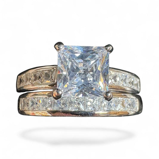 Sterling Silver Double Set Ring Square CZ Stone RCZ8149