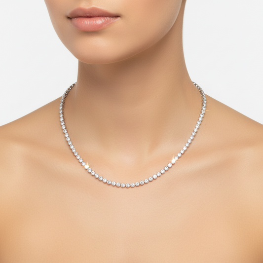Sterling Silver Rubover Tennis Necklace CZ Stone NCZ105